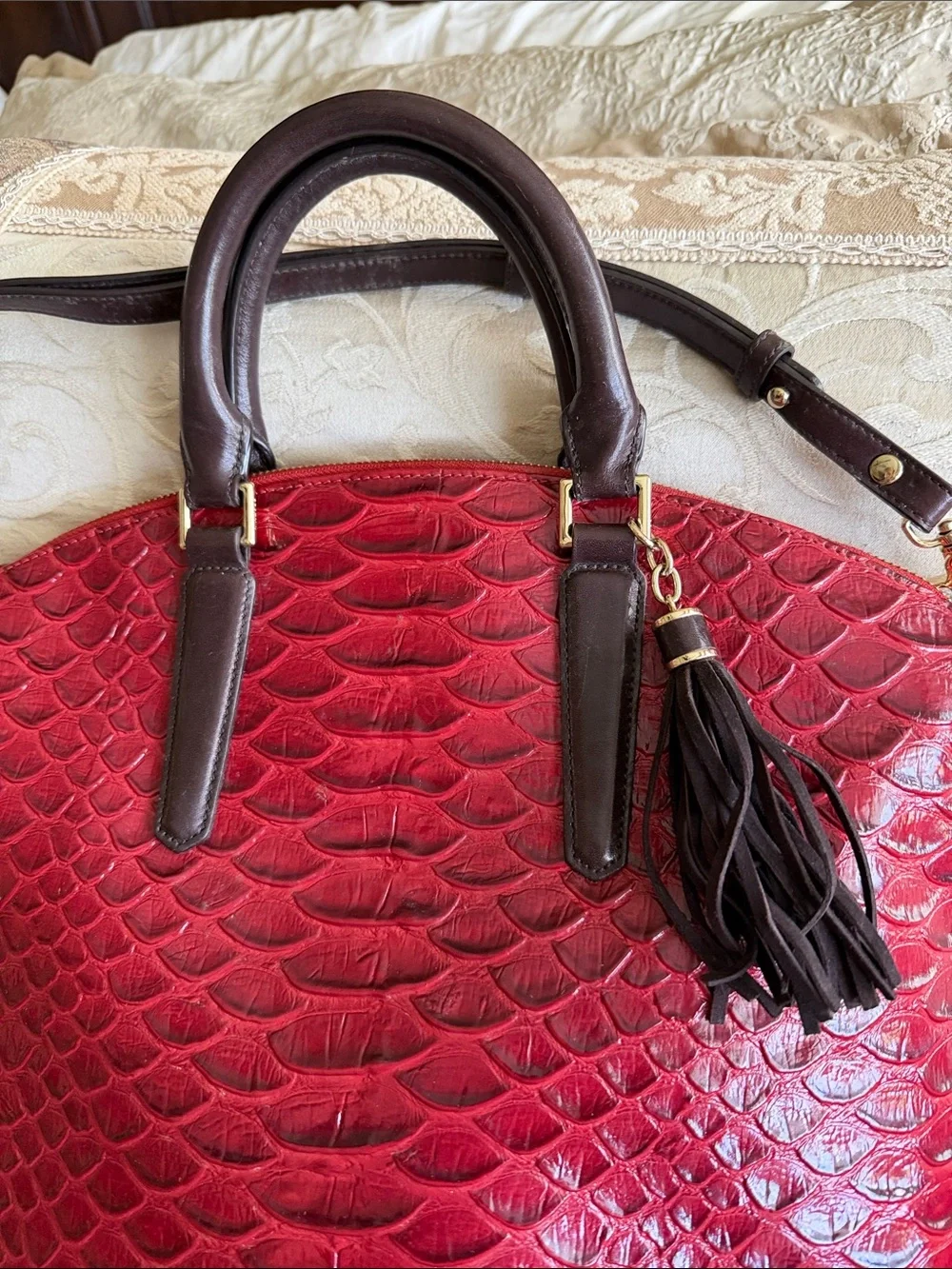 Brahmin bag large red and brown like new 16” by 11”